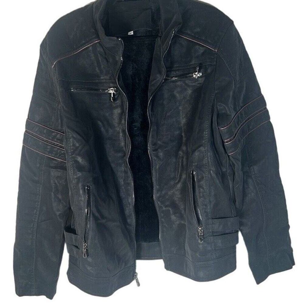 Black Faux Moto Jacket Linens With 4 Zipped Pockets Size Medium